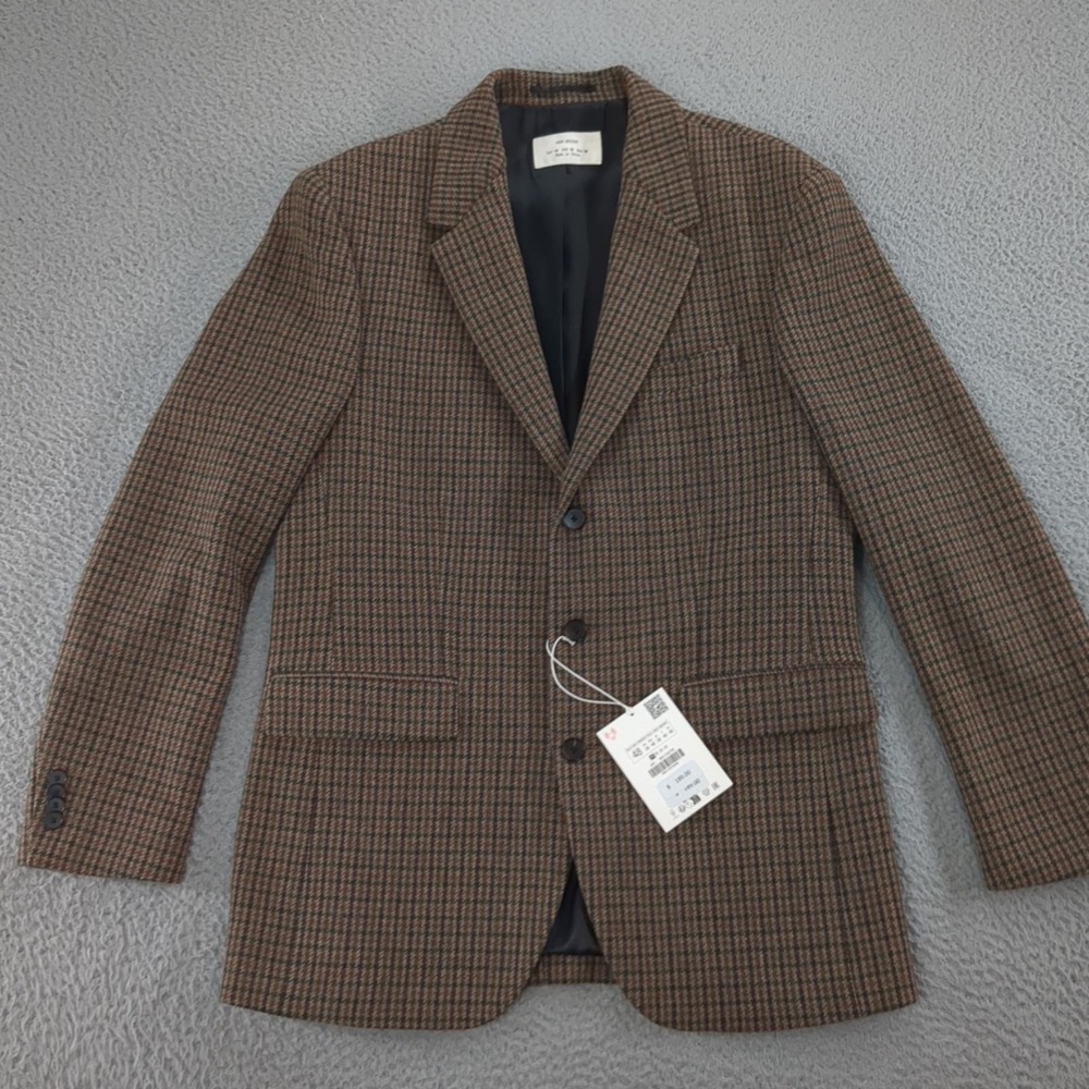 Zara Origins Blazer Mens 38 US Brown Check Wool Tweed Sport Coat Jacket